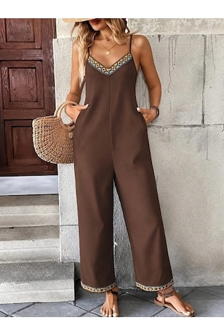 Defymoda Kadın Ip Askılı V Yakalı Etnik Serit Desenli Cep Detaylı Janjan Krep Tulum Kahve