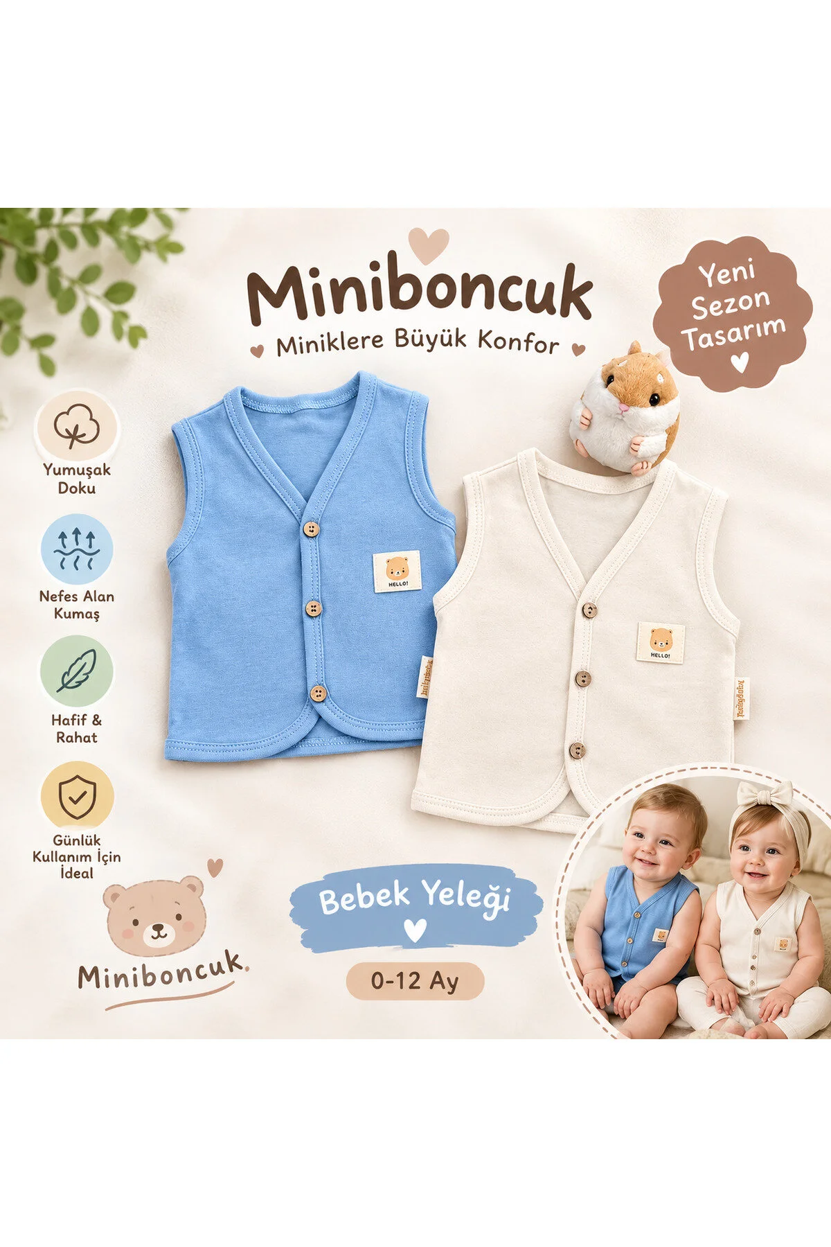 Mini Boncuk Bebek Yeleği Unisex Önden Düğmeli Kolsuz Yelek, Yumuşak Ve Rahat, 0-12 Ay Beyaz - Açık Lacivert