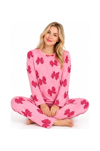 Sleeeproom Kadın Süet Mevsimlik Kurdele Desen Pijama Takımı Pembe - Kırmızı