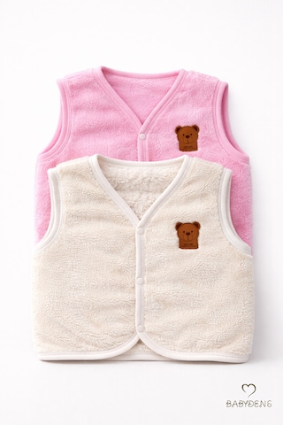 Babyden's 2 Li Welsoft Yelek Seti Kız Bebek Çocuk Ayıcık Armalı Peluş Yumuşak Kışlık Yelek Ekru - Pembe