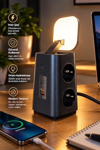 Çoklu Akım Korumalı Masaüstü Priz 4 Priz, 2 Usb-c + Usb-a, Pd 20w & Qc 18w Hızlı Şarj, 3680w, Led Aydınlatmalı 1.9 M