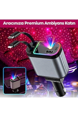 66w Led Işık Yıldızlı Tavan 3.4a Type-c + Araç Usb Çakmaklık Hızlı Şarj Cihazı Tüm Araçlara Uyumlu