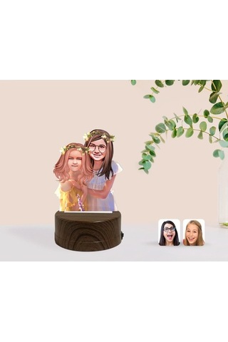Kişiye Özel Kız Kardeşler Karikatürlü Dekoratif 3D Biblo Led Işık (483006734)
