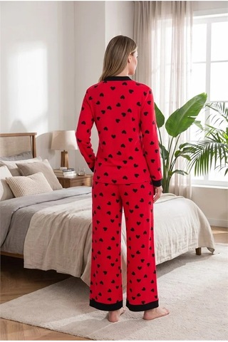 Go İthalat Kadın Şık Tasarım Desenli Geniş Paçalı Yumuşak Dokulu Viskon Kumaş Düğmeli 2'li Pijama Takımı Kırmızı