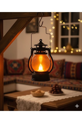 13 Cm Ledli Gaz Lambası Model Siyah Fener - Pil Dahil Dekoratif Fener Diğer