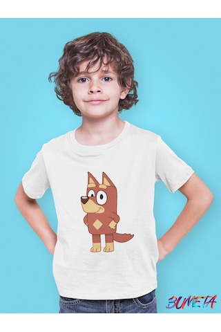 Bumeta Bluey Sevimli Köpek Kardeşler Rusty Çocuk Tişört T-shirt Beyaz
