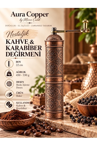 Aura Copper Nostaljik Manuel Kahve Karabiber Değirmeni 22 Cm Bakır Öğütücü - Altın - Gül