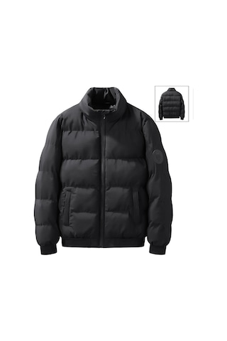 Erkek Dik Yaka Pamuklu Mont, Kışlık Erkek Giyim, Sıcak Ve Kalın, Düz Renk, Kısa Tüylü Pamuklu Mont Siyah