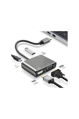 4 Ü 1 Arada Type-c To Hub Dönüştürücü Adaptör 4k Ultra Hd Hdmı & Vga Görüntü Aktarımı, Pd Hızlı Şarj Destekli, Usb Çoklayıcı Diğer