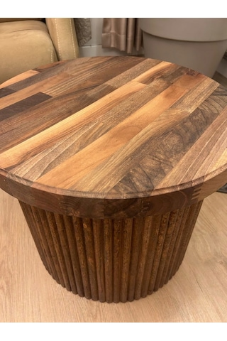 Masif Ceviz Ahşap Orta Sehpa Yuvarlak Salon Sehpası El Yapımı Fluted Tasarım 50x35 Cm