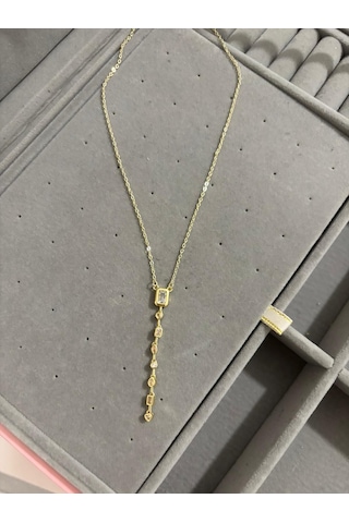 Çelik Mini Taşlı Gold Y Kolye Altin