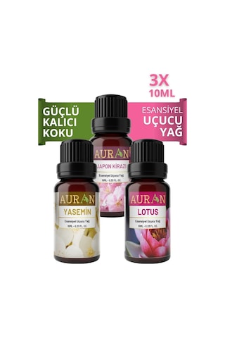 Auran Japon Kirazı + Lotus + Yasemin Saf Esansiyel Uçucu Yağı 3 x 10 ML