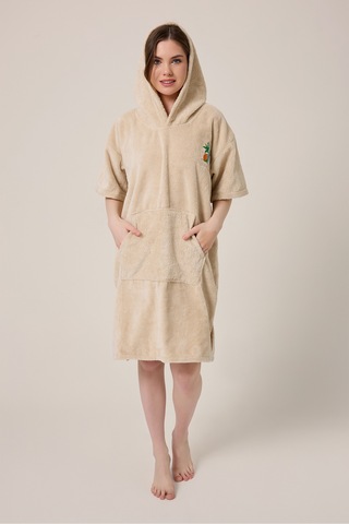 Palmiye Sörf Nakışlı Yetişkin Sörf Yazlık Panço Kapüşonlu Plaj Havlusu Bej Bej