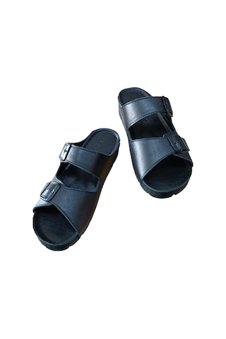 Castle Black 20317 Kadın Hakiki Deri İki Tokalı Comfort Terlik Siyah Siyah