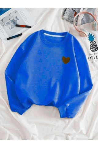 Kırmızı Minimal Kalp Baskılı Sweatshirt - Saks Mavi Kalın Kışlık Bisiklet Yaka Saksmavi