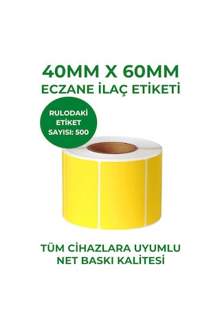 Rulorulo 40x60 500lü Eczane İlaç Tarif Etiketi Sarı Renk 5 Adet