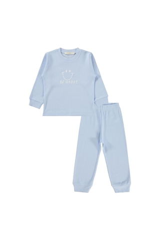 Minidamla Baby Minidamla Gülen Yüz Baskılı 1-6 Yaş Pijama Takımı - Mavi Açık Mavi