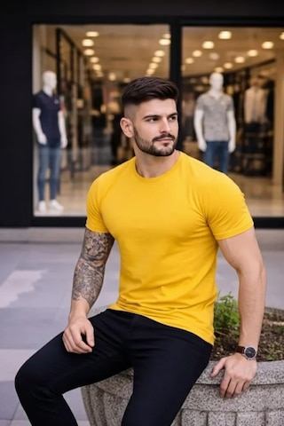 Butik İstanbul Erkek T-shirt Bisiklet Yaka Slim Fit Dar Kesim Likralı Tişört Günlük Basic Body - Sarı