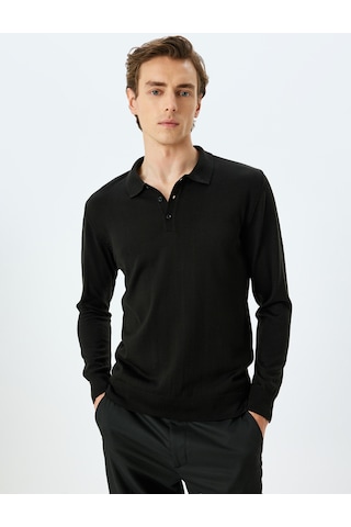 Koton Polo Yaka Düğmeli Basic Uzun Kollu Triko Kazak Siyah 5wam70166ht Siyah
