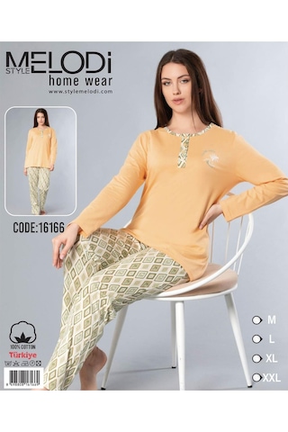 Melodi Kadın Standart Kalıp %100 Pamuk Düğmeli Yaka Uzun Kol Baharlık Pijama Takımı 16166- 1 Adet Turuncu