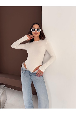 Elaxi Kadın Bisiklet Yaka Uzun Kollu Parmak Geçme Detaylı Altı Çıtçıtlı Full Likralı Buzzy Body Beyaz