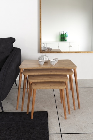 Selena 4lü Zigon Sehpa Ahşap Ayaklı Salon Seti Çay Sehpası Çam