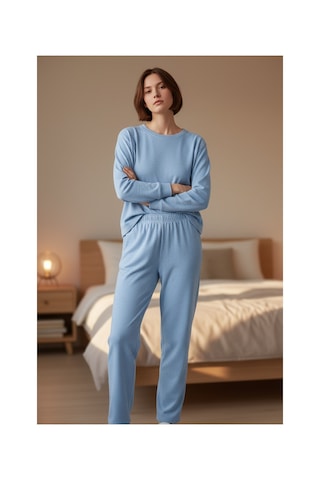 Feg Store Pamuk Bebek Mavisi Yumuşak Dokulu Uzun Kollu Kadın Pijama Takımı Mavi