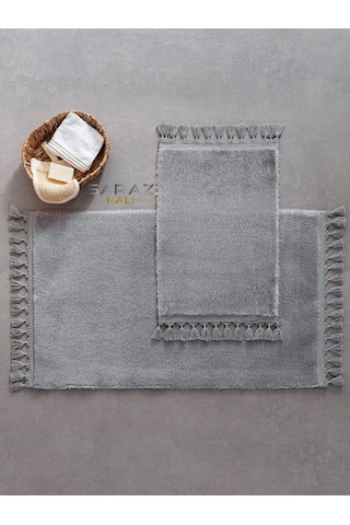 Saraz Halı Puffy Banyo Paspas 2 Li Saçaklı Yıkanabilir Grigri Gri