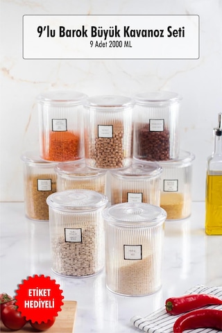 9'lu Barok Yuvarlak Büyük Kavanoz Seti & Saklama Kabı & Erzak Kabı 9 2000 Ml