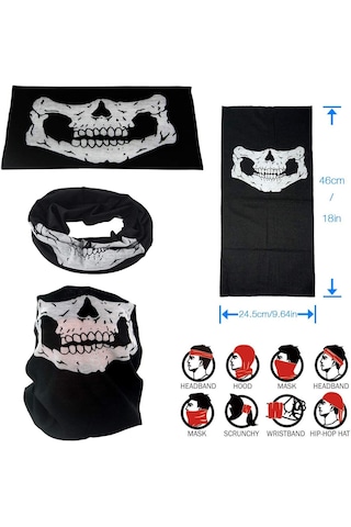 Siyah Renk Dikişsiz Çok Fonksiyonlu Çene Kafatası Yüz Maskesi Baf Buff Bandana Boyunluk Bileklik 56