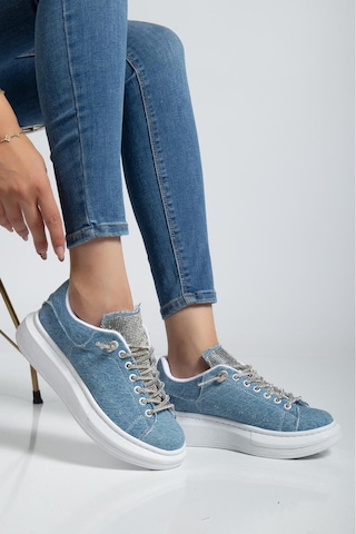Erceka Taşlı Günlük Kullanıma Uygun Kadın Spor Ayakkabı Sneaker Bağcıklı Su Geçirmez Siyah-beyaz-mavi Taşlıaçıkmavikot