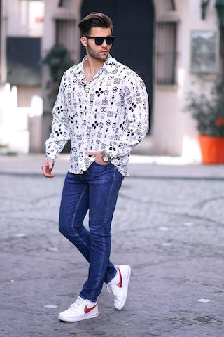 Madmext Siyah Desenli Uzun Kollu Oversize Erkek Gömlek 6731 Siyah