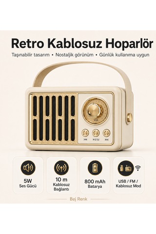 Retro Kablosuz Hoparlör Fm Radyo Usb Destekli Taşınabilir Askılı Şarjlı Bluetooth Speaker 5w