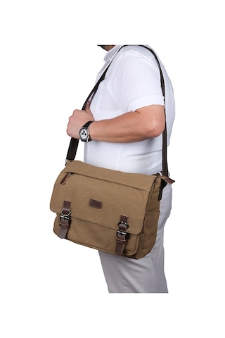 Bagacar Kanvas Kumaş Laptop Bölmeli Unisex Çapraz Çanta Bej