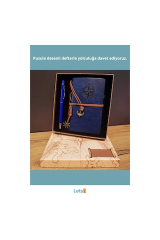 Lacivert Pusula Tasarım Deri Defter Metal Tükenmez Kalem Çok Renkli