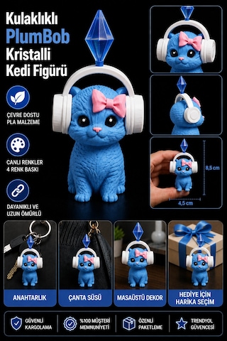 11 Cm Sims Plumbob Kulaklıklı Kristalli Kedi Figürü-dekoratif Sevimli Kedi Biblo