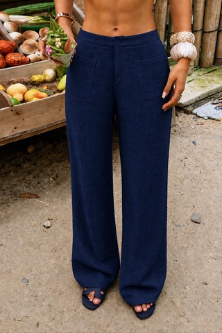 Tarz Cool Kadın Wide Leg Pantolon Ön Cep Detaylı Rahat Kalıp Günlük Pantolon Lacivert