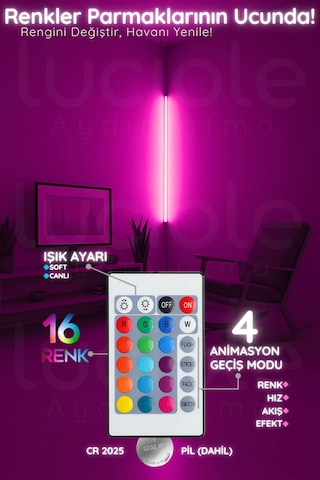 Led Abajur Aplik Gece Lambası Rgb Lambader 16 Renkli Uzaktan Kumandalı Işık 4 Animasyonlu Luciled1