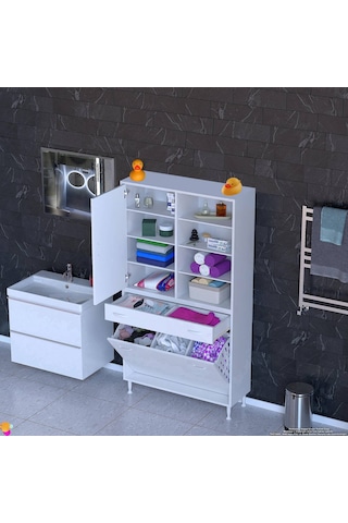 Modilayn Afra 90x173x32,5cm 1 Çekmece, 3 Göz Sepet, 1 Kapak, 8 Raf Dar Alan Banyo Dolabı Beyaz