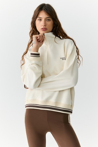 Urban Beat Natan Kadın Dik Yakalı Fermuarlı Baskı Detaylı Relaxed Ekru Sweatshirt Ekru