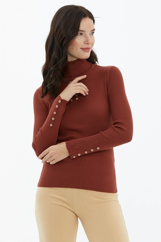 Tam Balıkçı Yaka Düğmeli Triko Kazak - Kiremit