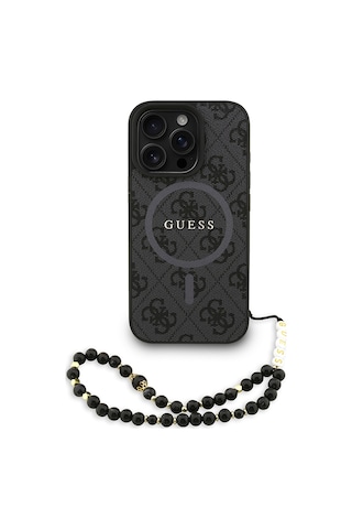 Apple iPhone 16 Pro Max Uyumlu Kılıf Guess Lisanslı M safe Bilek Askı İpli Yazı Logolu Kapak Siyah