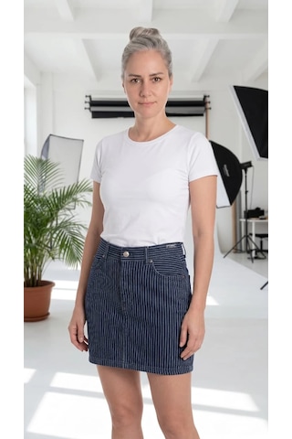Byemelika Rahat Kalıp Çizgili Denim Mini Etek Çizgili Lacivert