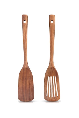 Springsun 2 Parça Akasya Ahşap Mutfak Spatula Seti: Kaymaz Tencere Uyumlu Düz Ve Delikli Spatula, Toksik Madde Free, Gönüllü Kullanim, Ergonomik Kollu