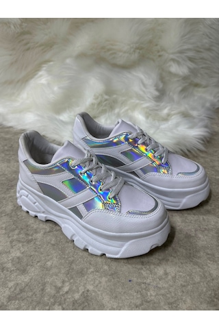 Günlük Kadın Sneaker Kalın Yüksek Taban Bağcıklı Rahat Tiger Şeritli Spor Ayakkabı 032 15 - Beyaz Rugan Holo