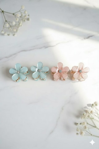 Çiçek Şeklinde Metal Toka, Metal Klipsli Renkli Çiçek Toka 4 Adet Mavi - Pembe