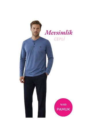 Guava Erkek 3 Düğmeli %100 Pamuk Mevsimlik Geniş Kalıp Uzun Kol Cepli Pijama Takımı Mavi