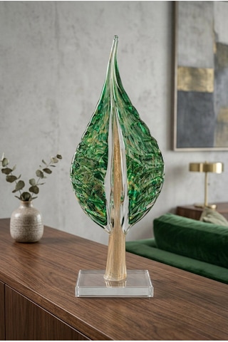 33 Cm Kristal Obje El Yapımı Lüks Yaprak Cam Dekoratif Heykel Zümrüt Yeşili & Gold