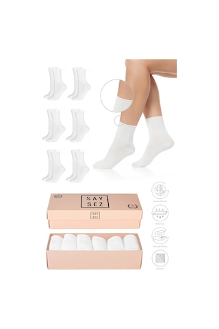 Saysez Bambu Kadın Lastiksiz Beyaz Soket Dikişsiz Premium Çorap Kutulu 6'lı / İz Bırakmaz / Sıkmayan Çorap Renkli