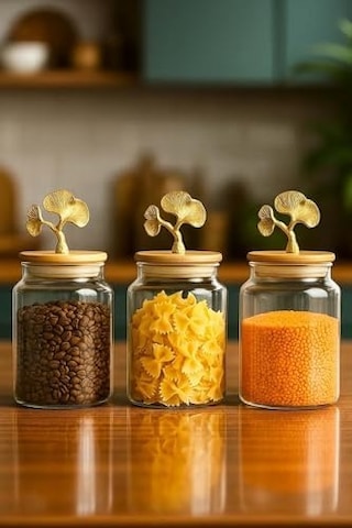 3 Lü Bambu Kapaklı Ginkgo Figürlü Kavanoz Seti - Orta Boy Saklama Kabı 890ml Açık Kahverengi